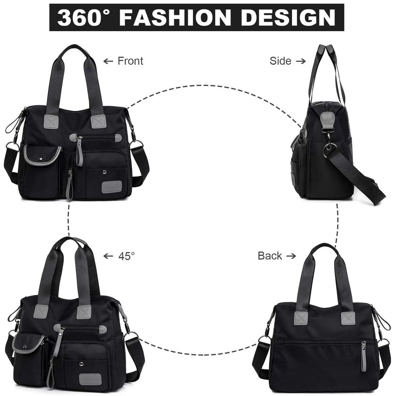 YouNuo Women Floral Star Top Handle Handbag Multi-pockets Nylon Nurses Totes Work Bags Water Resistant Travel Crossbody Shoulder Bag (Black) - Image 2